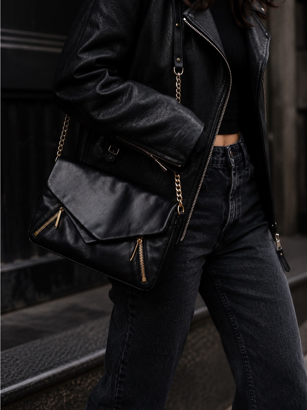 Pour La Victoire Black Leather Envelope Crossbody Bag Gold Chain Strap